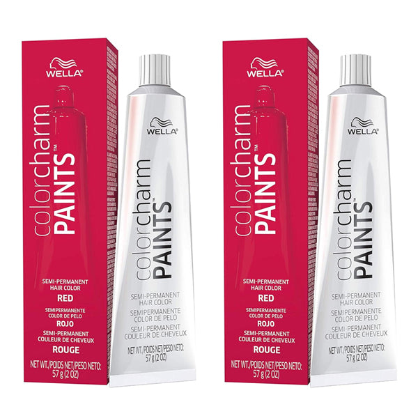 Two-pack of Wella Colorcharm Paints Semi-Permanent Hair Dye in Red (2oz each) with bilingual English/French packaging. Intermixable formula lets you create unique, temporary hair color looks.